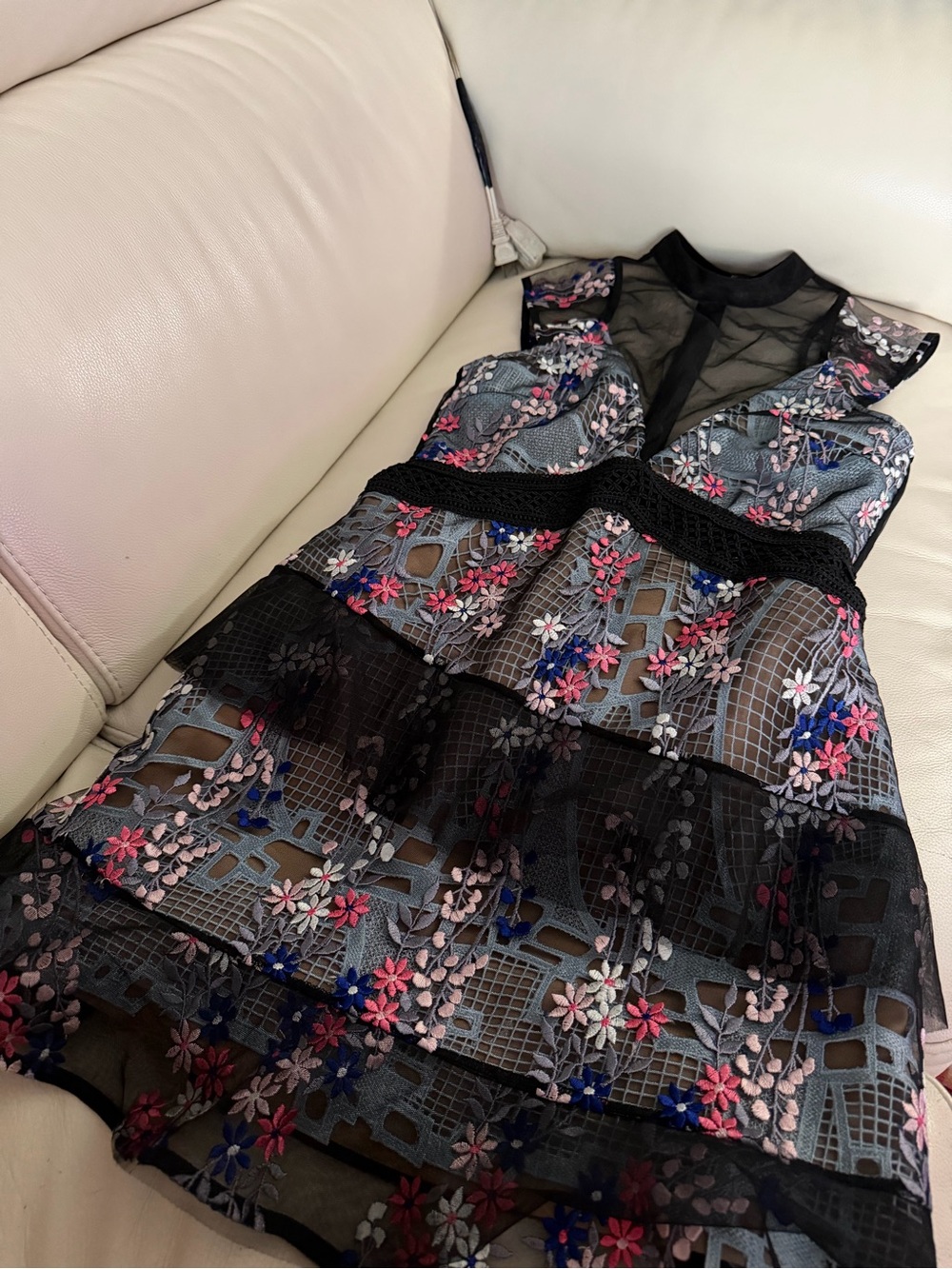 Self-Portrait Floral Embroidered Sheer Mesh Tiered Mini Dress NWT
